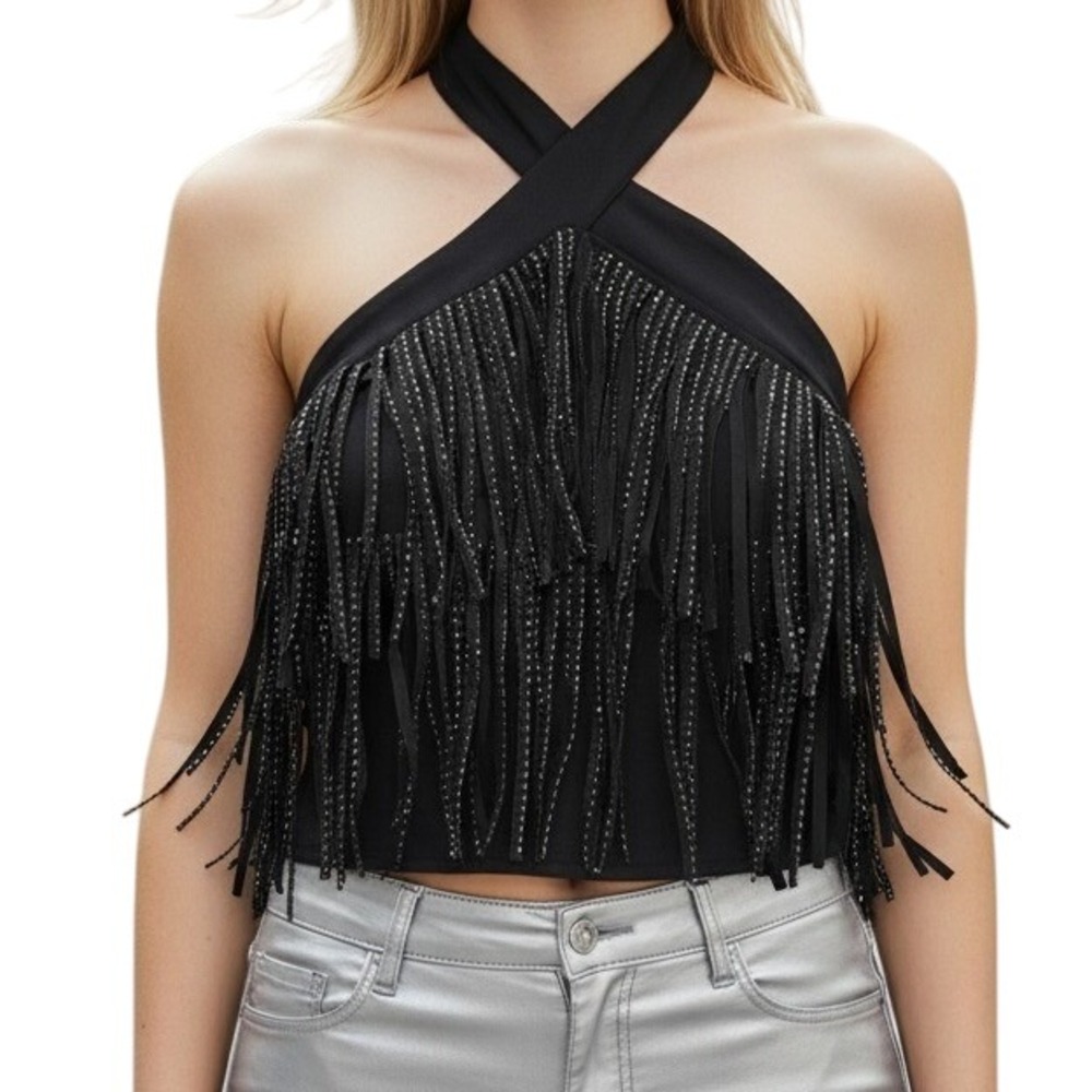 EFFORDRAM Black Faux Suede Front With Rhinestones Halter Top NWOT‎ Size Medium